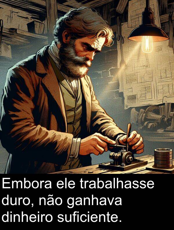 ele: Embora ele trabalhasse duro, não ganhava dinheiro suficiente.