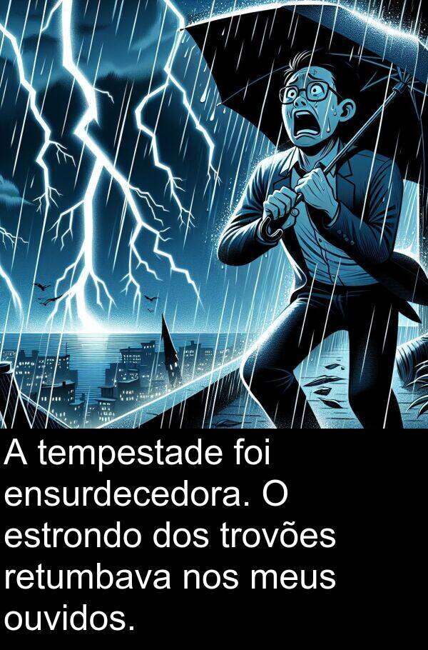 ouvidos: A tempestade foi ensurdecedora. O estrondo dos trovões retumbava nos meus ouvidos.