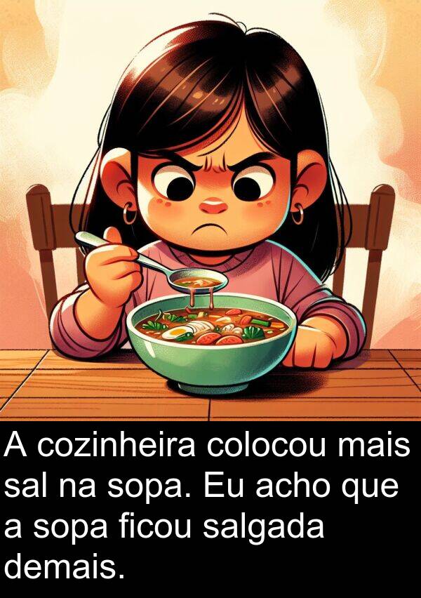 sal: A cozinheira colocou mais sal na sopa. Eu acho que a sopa ficou salgada demais.