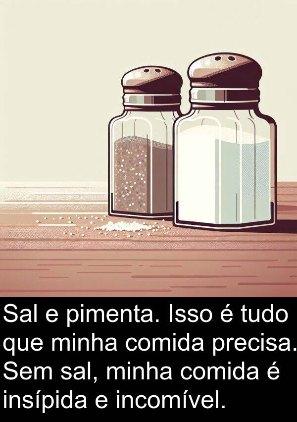 sal: Sal e pimenta. Isso é tudo que minha comida precisa. Sem sal, minha comida é insípida e incomível.