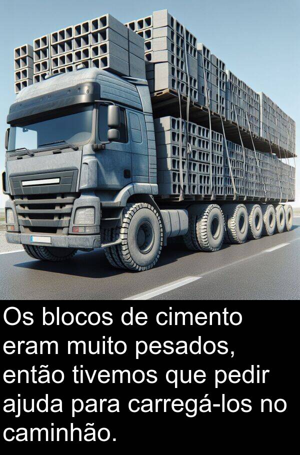 ajuda: Os blocos de cimento eram muito pesados, então tivemos que pedir ajuda para carregá-los no caminhão.