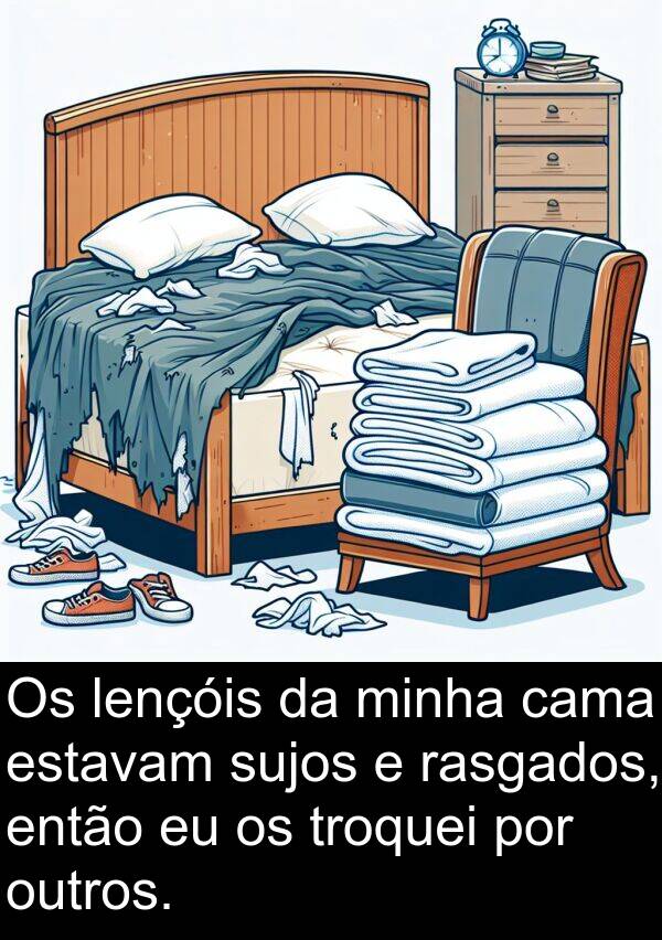 lençóis: Os lençóis da minha cama estavam sujos e rasgados, então eu os troquei por outros.