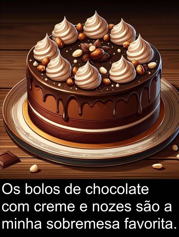 sobremesa: Os bolos de chocolate com creme e nozes são a minha sobremesa favorita.