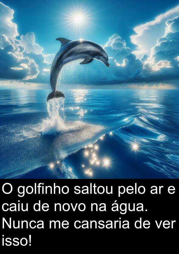saltou: O golfinho saltou pelo ar e caiu de novo na água. Nunca me cansaria de ver isso!