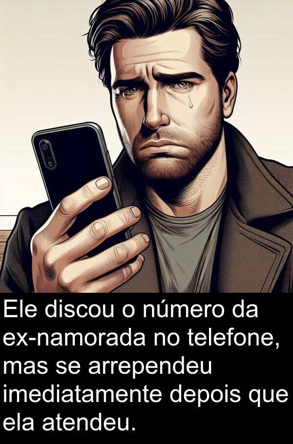 telefone: Ele discou o número da ex-namorada no telefone, mas se arrependeu imediatamente depois que ela atendeu.