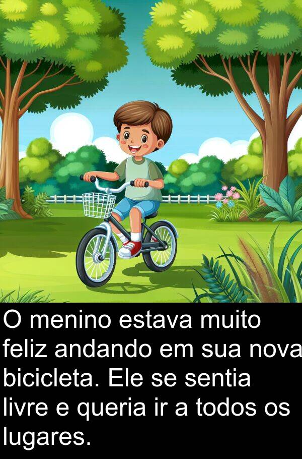sentia: O menino estava muito feliz andando em sua nova bicicleta. Ele se sentia livre e queria ir a todos os lugares.