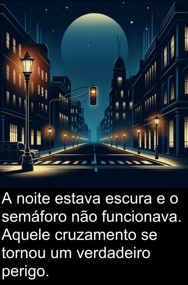 funcionava: A noite estava escura e o semáforo não funcionava. Aquele cruzamento se tornou um verdadeiro perigo.