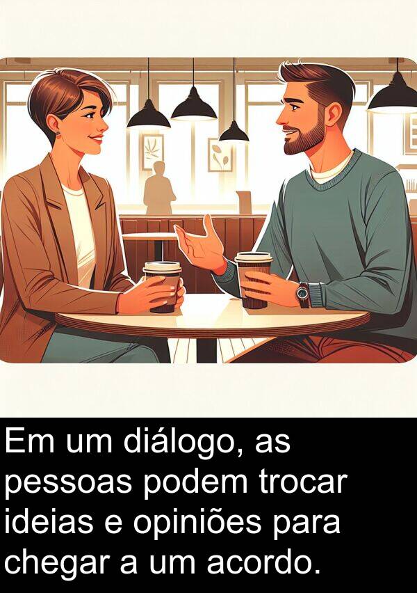 acordo: Em um diálogo, as pessoas podem trocar ideias e opiniões para chegar a um acordo.