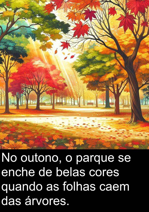 árvores: No outono, o parque se enche de belas cores quando as folhas caem das árvores.