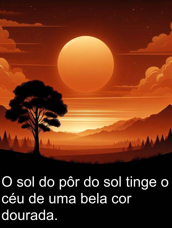cor: O sol do pôr do sol tinge o céu de uma bela cor dourada.