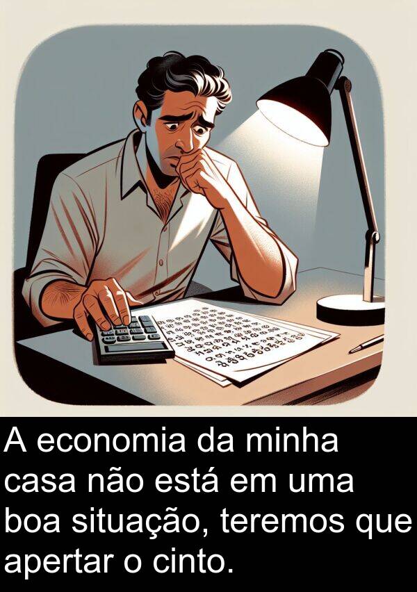 cinto: A economia da minha casa não está em uma boa situação, teremos que apertar o cinto.