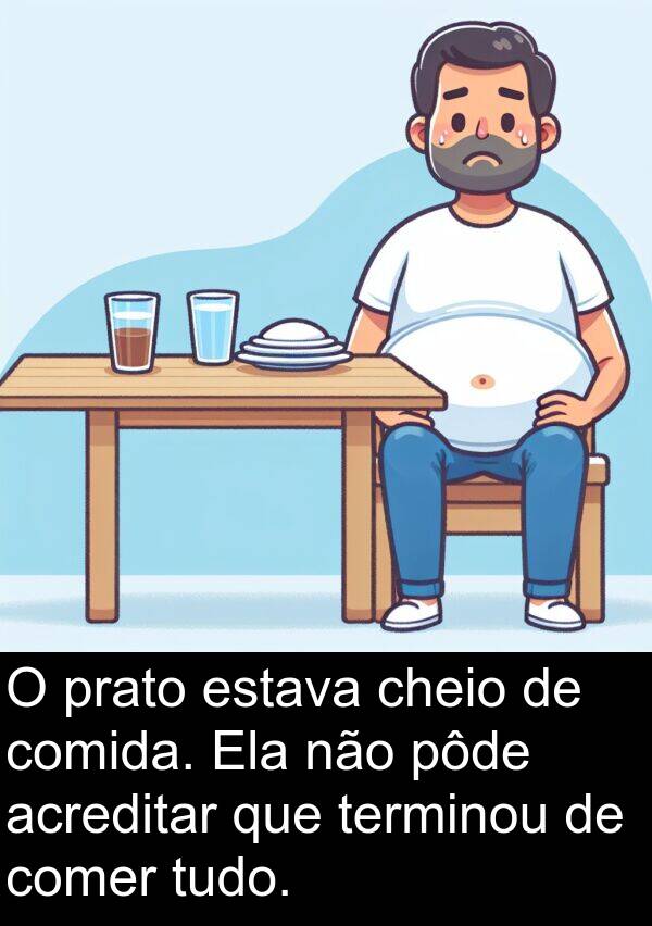 comer: O prato estava cheio de comida. Ela não pôde acreditar que terminou de comer tudo.