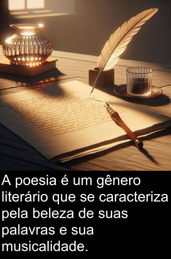 palavras: A poesia é um gênero literário que se caracteriza pela beleza de suas palavras e sua musicalidade.