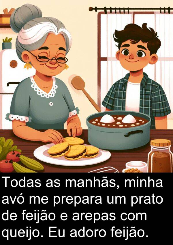 queijo: Todas as manhãs, minha avó me prepara um prato de feijão e arepas com queijo. Eu adoro feijão.