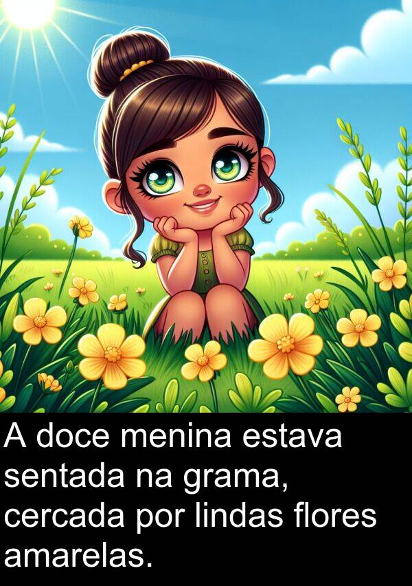 amarelas: A doce menina estava sentada na grama, cercada por lindas flores amarelas.