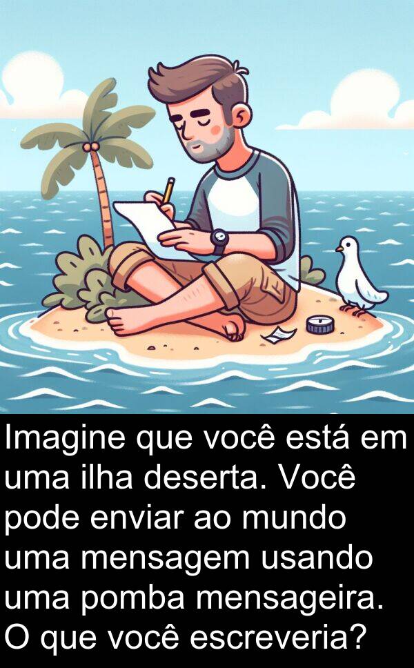 usando: Imagine que você está em uma ilha deserta. Você pode enviar ao mundo uma mensagem usando uma pomba mensageira. O que você escreveria?
