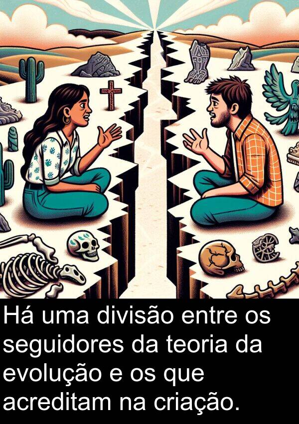 criação: Há uma divisão entre os seguidores da teoria da evolução e os que acreditam na criação.