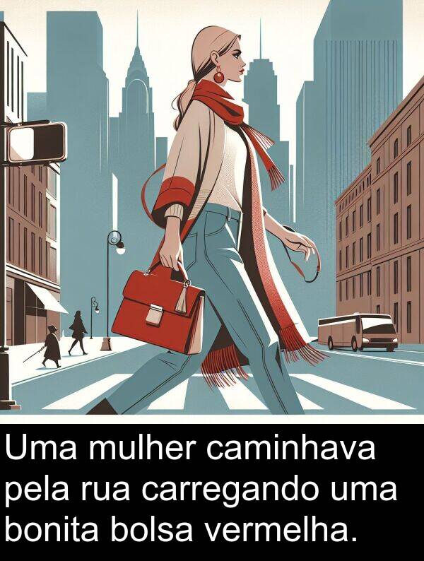 caminhava: Uma mulher caminhava pela rua carregando uma bonita bolsa vermelha.