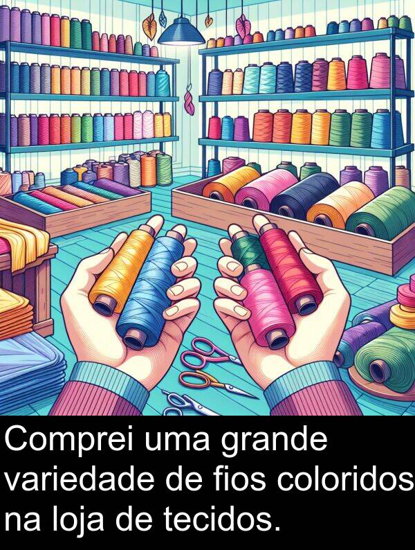 coloridos: Comprei uma grande variedade de fios coloridos na loja de tecidos.