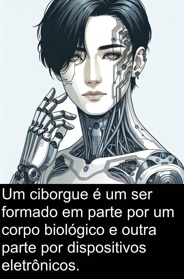 formado: Um ciborgue é um ser formado em parte por um corpo biológico e outra parte por dispositivos eletrônicos.
