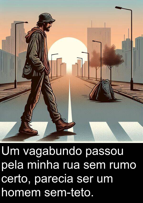 vagabundo: Um vagabundo passou pela minha rua sem rumo certo, parecia ser um homem sem-teto.