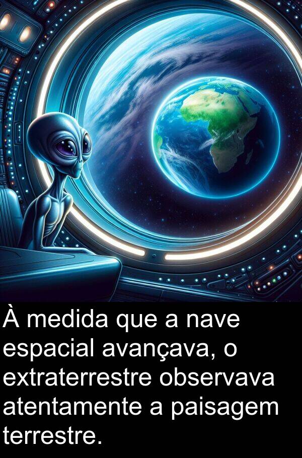 nave: À medida que a nave espacial avançava, o extraterrestre observava atentamente a paisagem terrestre.