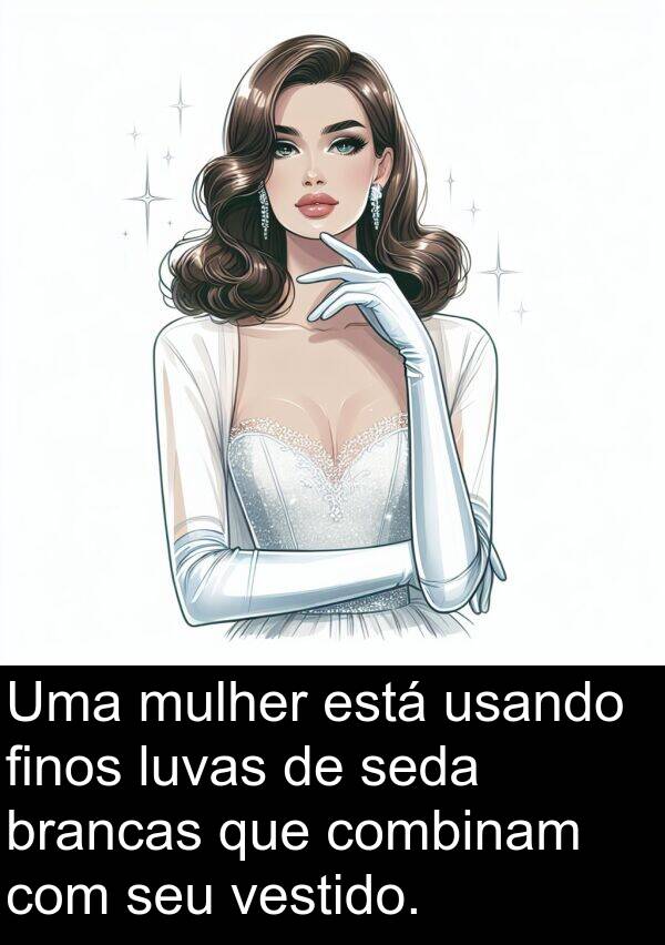 usando: Uma mulher está usando finos luvas de seda brancas que combinam com seu vestido.