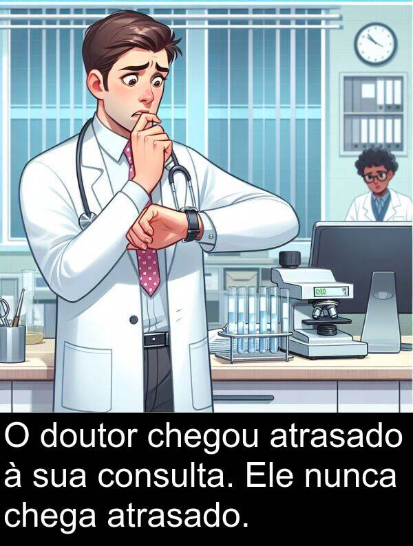 consulta: O doutor chegou atrasado à sua consulta. Ele nunca chega atrasado.