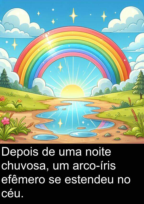 efêmero: Depois de uma noite chuvosa, um arco-íris efêmero se estendeu no céu.