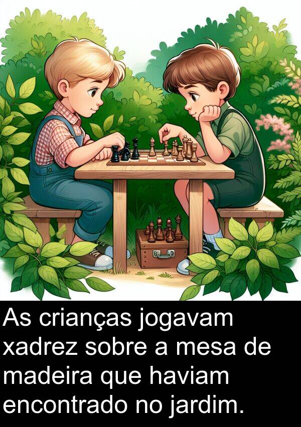 jogavam: As crianças jogavam xadrez sobre a mesa de madeira que haviam encontrado no jardim.