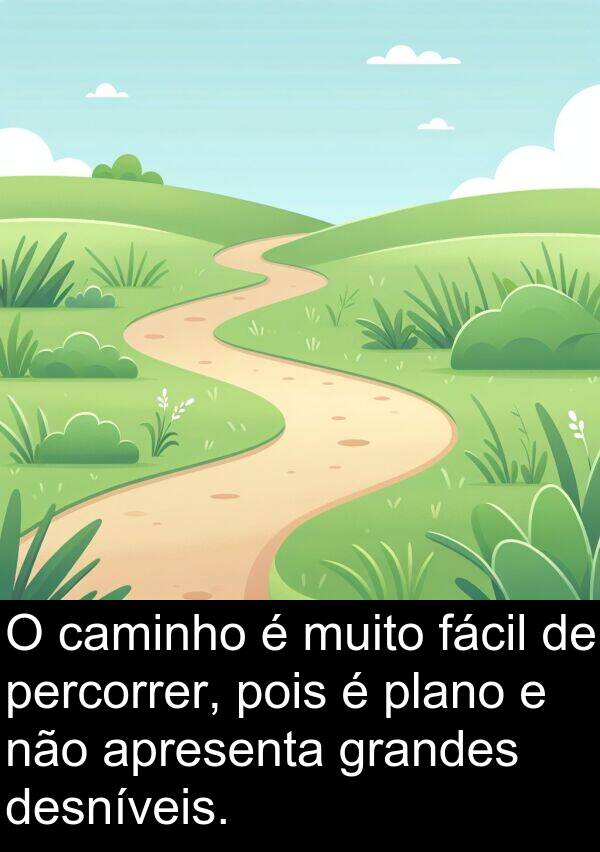 caminho: O caminho é muito fácil de percorrer, pois é plano e não apresenta grandes desníveis.