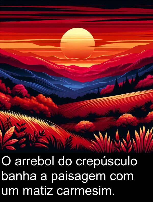 crepúsculo: O arrebol do crepúsculo banha a paisagem com um matiz carmesim.