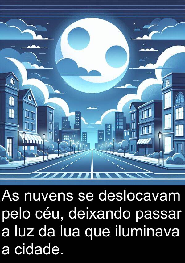 iluminava: As nuvens se deslocavam pelo céu, deixando passar a luz da lua que iluminava a cidade.