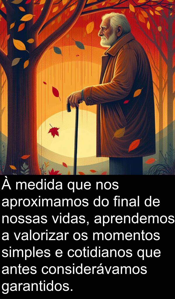 valorizar: À medida que nos aproximamos do final de nossas vidas, aprendemos a valorizar os momentos simples e cotidianos que antes considerávamos garantidos.