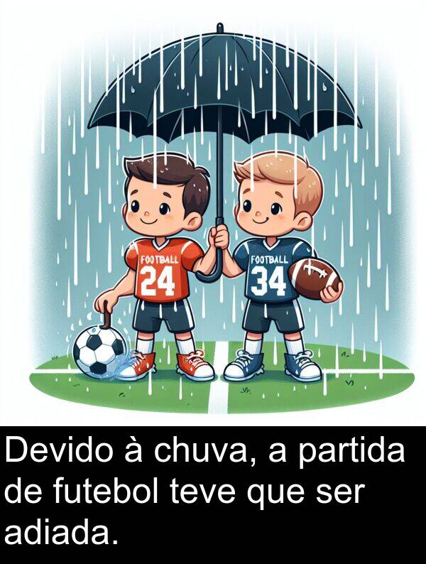 chuva: Devido à chuva, a partida de futebol teve que ser adiada.