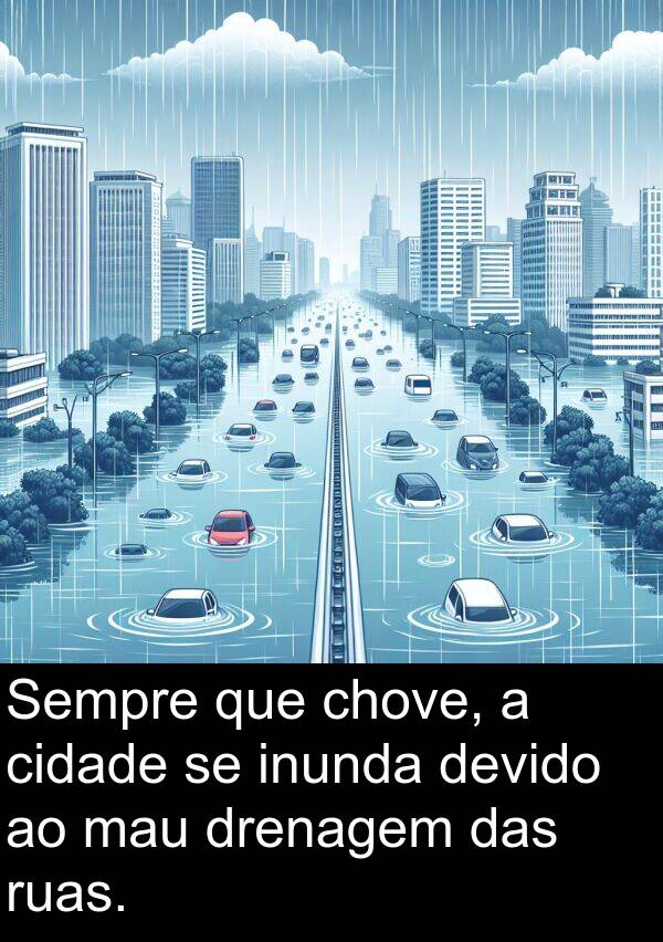 inunda: Sempre que chove, a cidade se inunda devido ao mau drenagem das ruas.