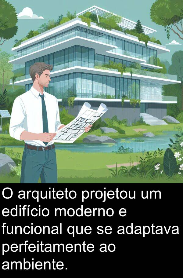 adaptava: O arquiteto projetou um edifício moderno e funcional que se adaptava perfeitamente ao ambiente.
