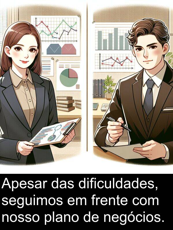 negócios: Apesar das dificuldades, seguimos em frente com nosso plano de negócios.
