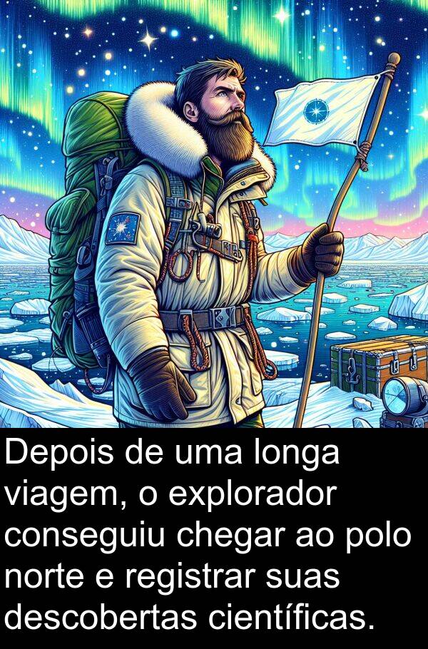 descobertas: Depois de uma longa viagem, o explorador conseguiu chegar ao polo norte e registrar suas descobertas científicas.