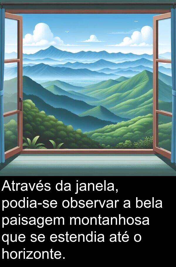 janela: Através da janela, podia-se observar a bela paisagem montanhosa que se estendia até o horizonte.