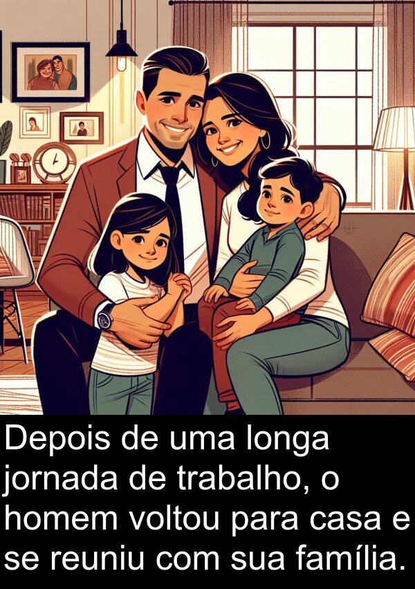 família: Depois de uma longa jornada de trabalho, o homem voltou para casa e se reuniu com sua família.