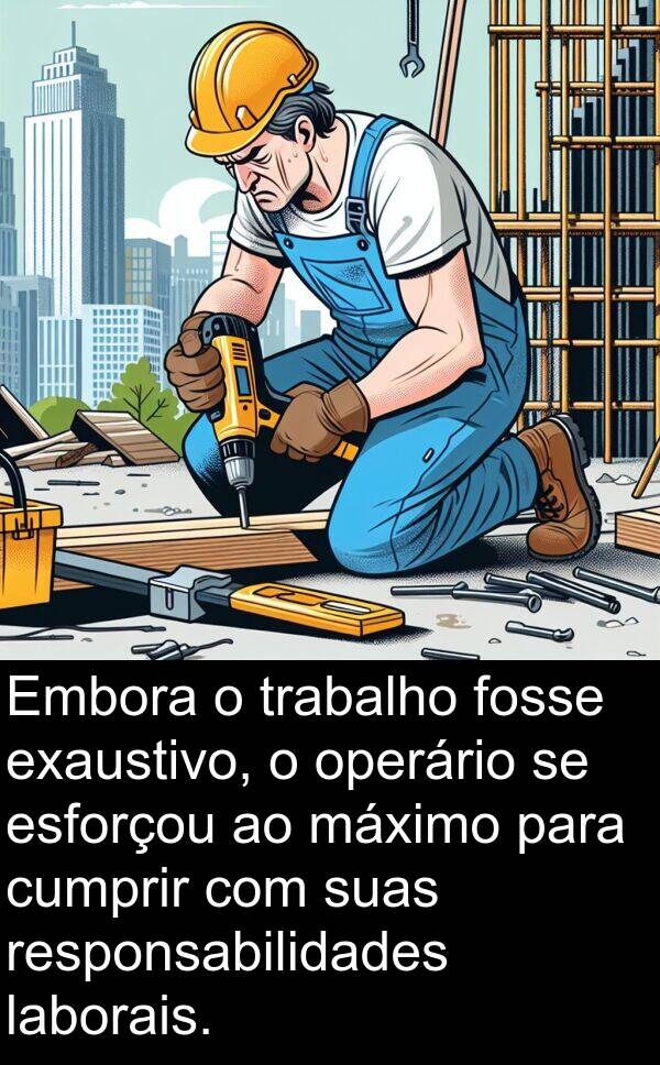 laborais: Embora o trabalho fosse exaustivo, o operário se esforçou ao máximo para cumprir com suas responsabilidades laborais.