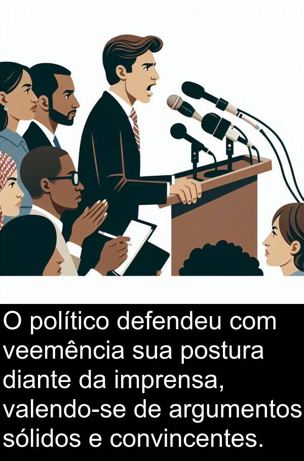 argumentos: O político defendeu com veemência sua postura diante da imprensa, valendo-se de argumentos sólidos e convincentes.