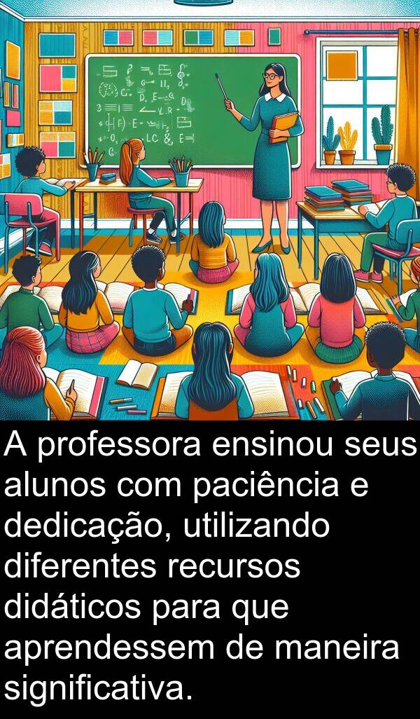 paciência: A professora ensinou seus alunos com paciência e dedicação, utilizando diferentes recursos didáticos para que aprendessem de maneira significativa.