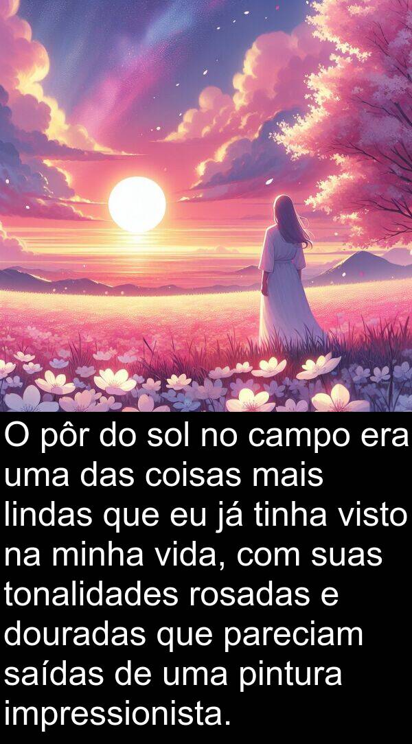 pareciam: O pôr do sol no campo era uma das coisas mais lindas que eu já tinha visto na minha vida, com suas tonalidades rosadas e douradas que pareciam saídas de uma pintura impressionista.