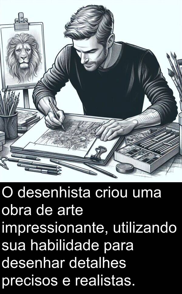 utilizando: O desenhista criou uma obra de arte impressionante, utilizando sua habilidade para desenhar detalhes precisos e realistas.