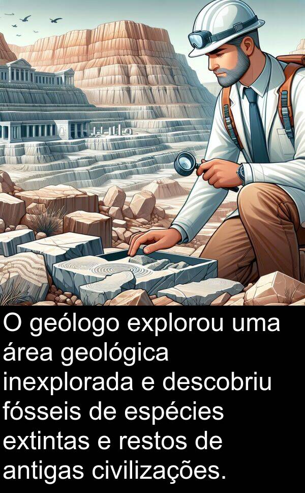 geológica: O geólogo explorou uma área geológica inexplorada e descobriu fósseis de espécies extintas e restos de antigas civilizações.