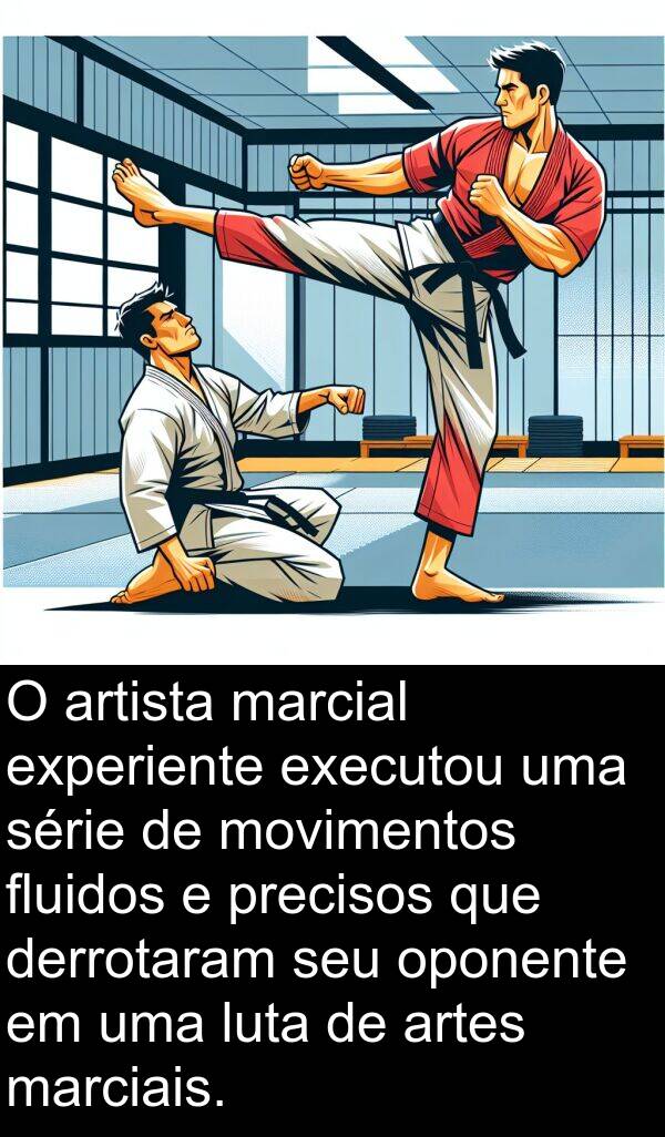 movimentos: O artista marcial experiente executou uma série de movimentos fluidos e precisos que derrotaram seu oponente em uma luta de artes marciais.