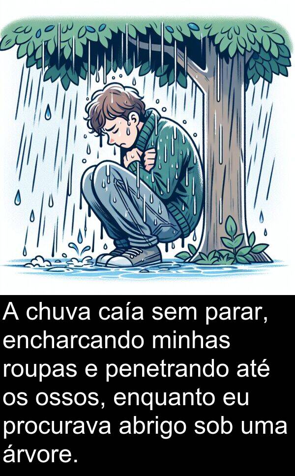 sob: A chuva caía sem parar, encharcando minhas roupas e penetrando até os ossos, enquanto eu procurava abrigo sob uma árvore.
