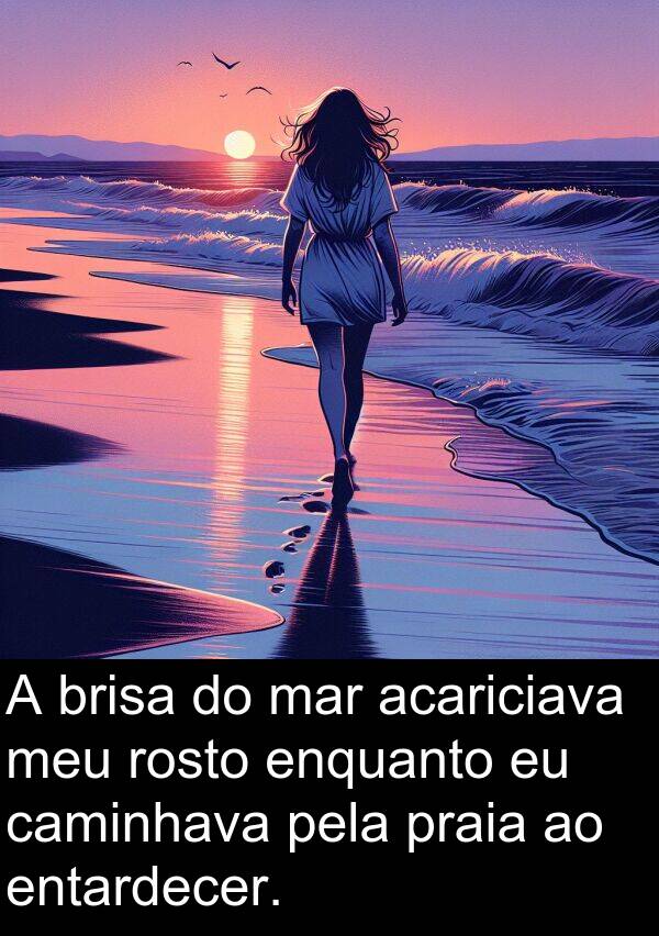 acariciava: A brisa do mar acariciava meu rosto enquanto eu caminhava pela praia ao entardecer.